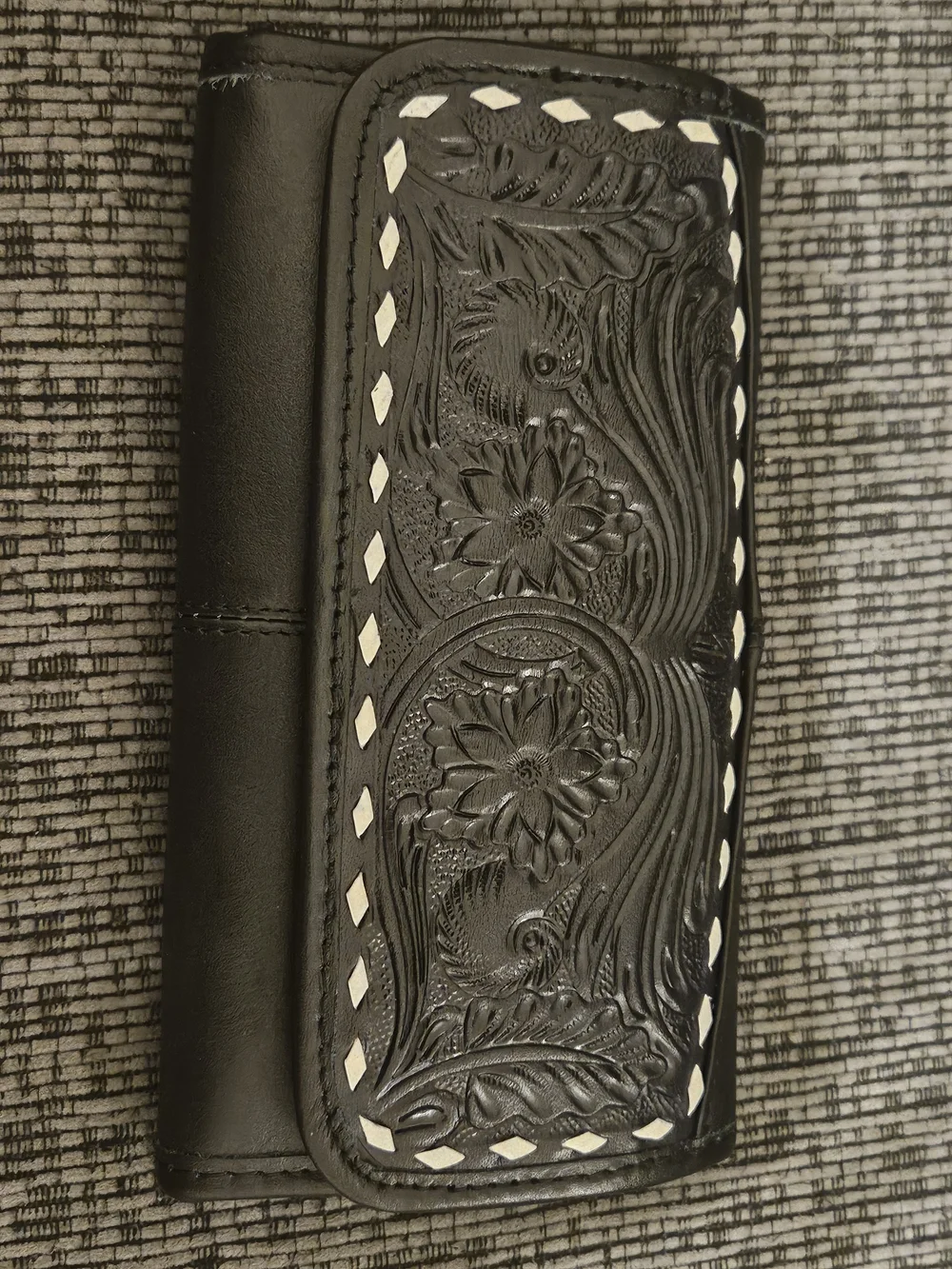 Black Genuine Leather Hand Tooled Wallet With White Stitching